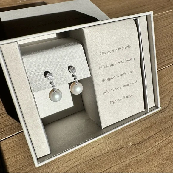 Cultured Freshwater Pearl and 1/3 ctw Lab Grown Diamond Linear Drop Earrings - Picture 4 of 7